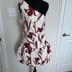 TCEC One-Shoulder Mini Dress in White and Burgundy Floral
